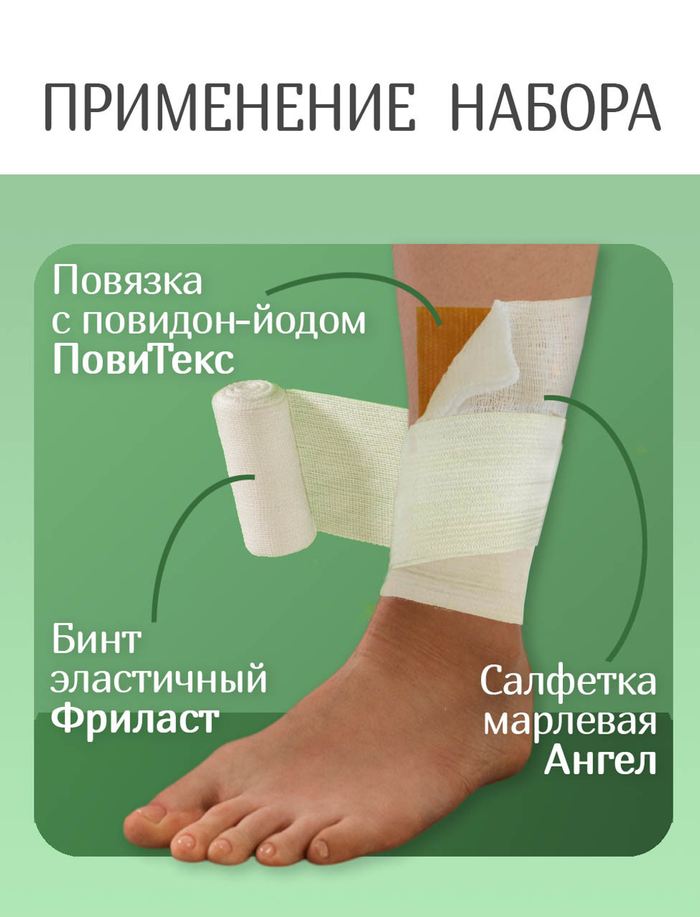 Набор перевязочный: повязка ПовиТекс и марлевая салфетка 10х10см, бинт эластичный Фриласт 8х170см